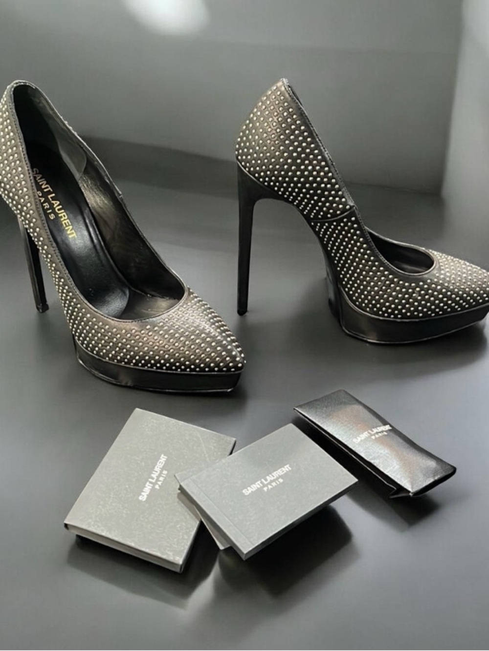 Saint Laurent YSL Janis Black Leather Studded Pumps EU 36.5 / US 6.5 w/Box - Picture 12 of 15